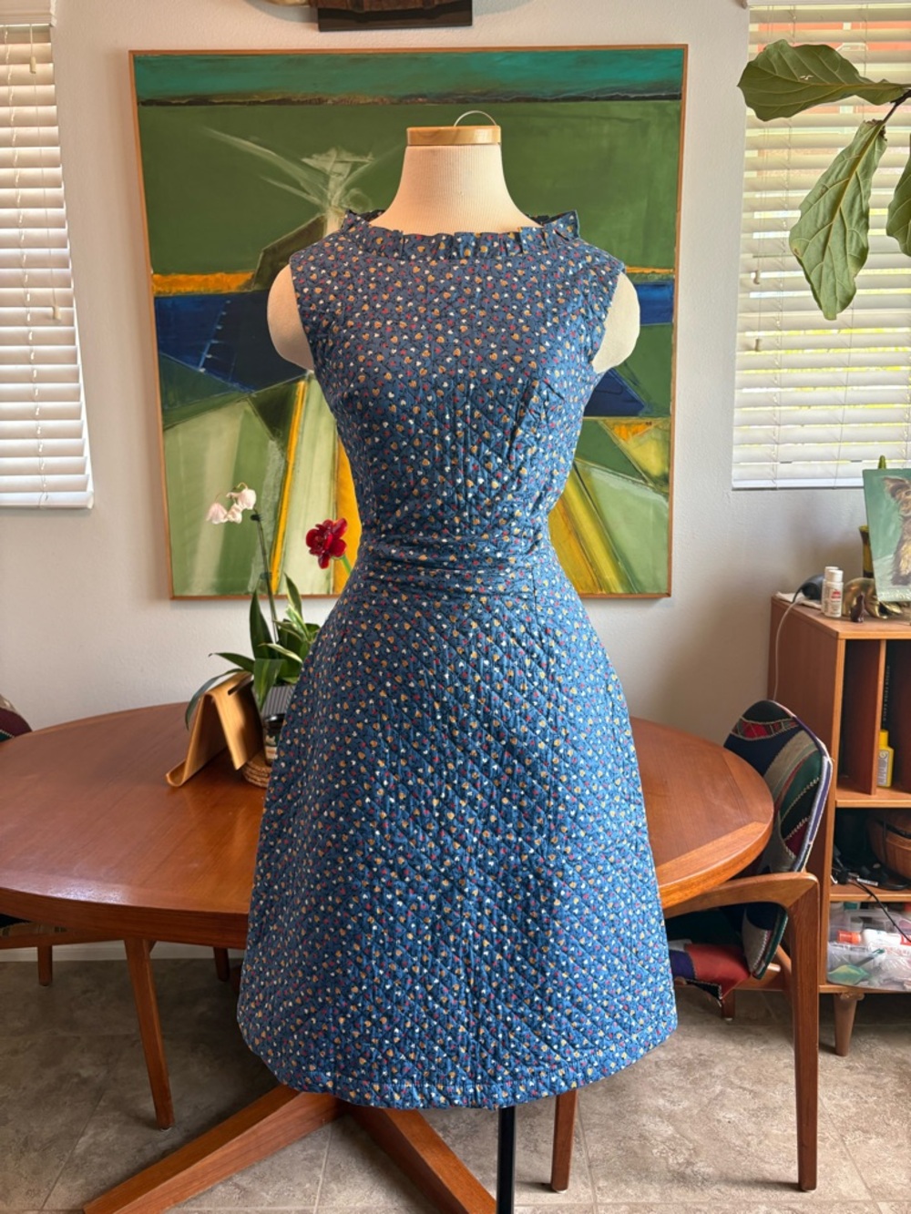 Vintage 50s Blue Floral Quilted Fit-and-Flare Dress with Strawberries and Hearts